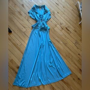 70s Turquoise Maxi Dress with Smocked Waist